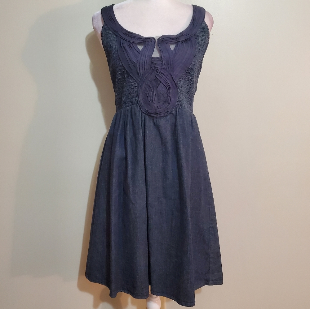 Calvin Klein dark blue chambray smocked fit & flare denim sleeveless dress LP
